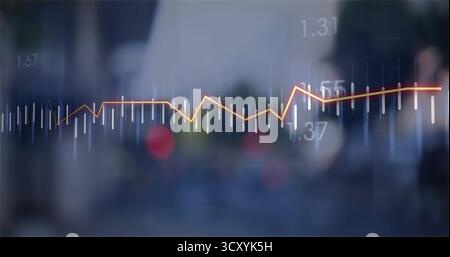 Displaying glowing yellow-orange line graph with white bar charts on urban street with numbers Stock Photo
