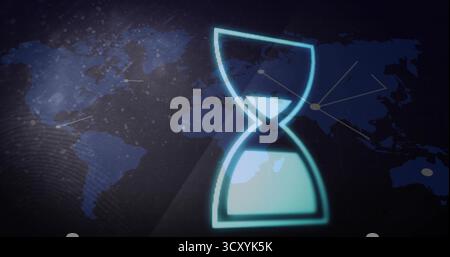Displaying neon blue hourglass overlaying dark world map on interface, showing links and noise Stock Photo