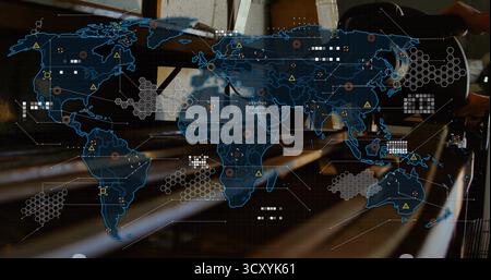 Projecting blue world map overlaying benches in conference hall with network grid and warning icons Stock Photo