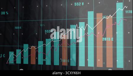 Displaying financial chart on glass wall at office, with turquoise-orange bars and magenta line Stock Photo