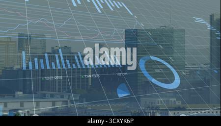 Displaying blue ring chart hovering over city skyline, with 3D grid, bar charts, copy space Stock Photo