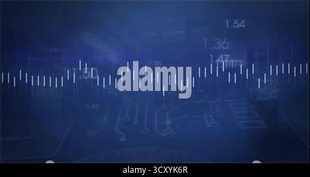 Displaying central white bar waveform on blue screen, with numeric data and circuit traces Stock Photo