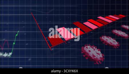 Displaying 3D red-pink bar chart in dashboard, with floating virus icons and green-red line graph Stock Photo