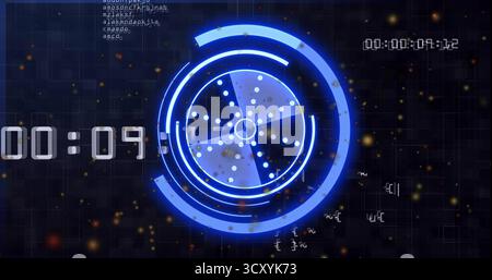Displaying circular HUD display animating neon progress arcs on dark grid, with digital timer Stock Photo