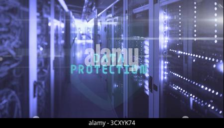 Showcasing server racks illuminating aisle with LED lights in data center, data protection overlay Stock Photo