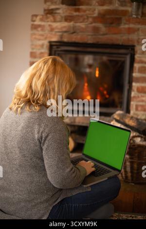 A woman works on her laptop near the fireplace viewed from behind creating a cozy home atmosphere. Stock Photo