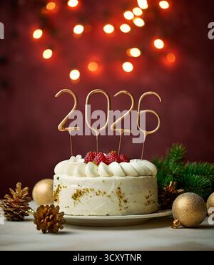 A wonderful Christmas cake with mascarpone cream and fresh raspberries on a decorated holiday table with a fir branch and decorations and holiday ligh Stock Photo