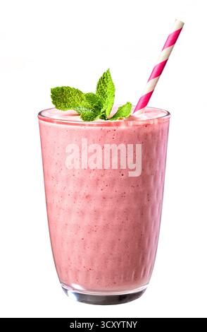 glass of pink milkshake decorated with straw and mint leaf isolated on white background Stock Photo