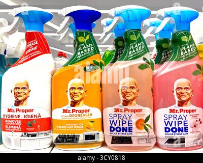 Various Mr. Proper cleaning products spray bottles displayed on store shelf Stock Photo