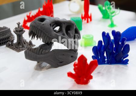 3d printed decorative objects displayed on a table. Industry Stock Photo
