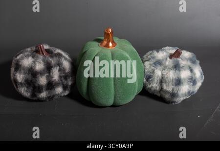 Fluffy flannel and green velvet pumpkins on a black background Stock Photo
