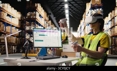 Worker in hi vis vest uses a VR headset connected to AI for hands free inventory control, parcel shipment tracking and order fulfillment. Virtual reality improves fast delivery. Camera A. Stock Photo