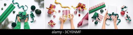 Collage of hands wrapping Christmas gifts on light background Stock Photo
