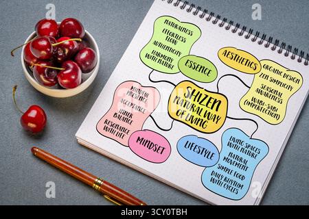 Shizen - Japanese concept of natural way of living - naturalness, spontaneity, and harmony with nature. Infographics mind map. Stock Photo