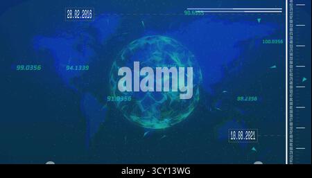 Displaying polygonal sphere hovering over world map in dashboard showing readouts and date stamps Stock Photo