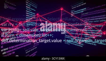 Displaying glowing magenta network graph forming 3D data flow in data space, with code panels Stock Photo