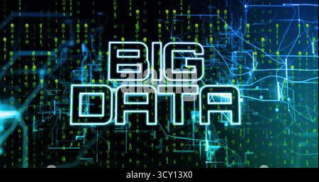 Displaying neon-blue BIG DATA text over network grid, with glowing circuits and green binary code Stock Photo