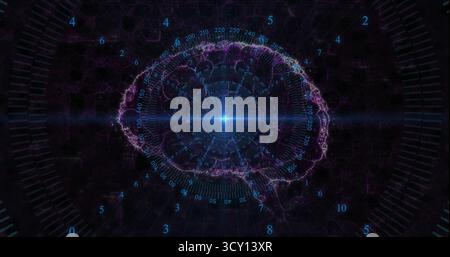Displaying stylized brain network graphic featuring central flare at interface, with radial gauge Stock Photo