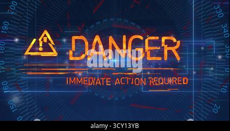 HUD displaying icon with DANGER and IMMEDIATE ACTION REQUIRED on grid with scan line glitches Stock Photo