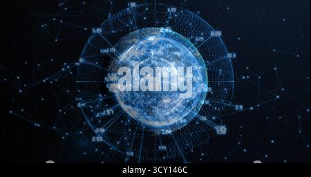 Projecting digital globe floating in cyberspace, with network nodes data lines and numeric overlays Stock Photo