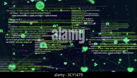 Presenting dark digital interface showing numbered code blocks, with neon-green holographic icons Stock Photo