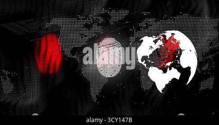 Glowing white fingerprint icon centering on interface, dotted map with red circle and globe icon Stock Photo