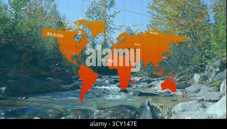 Displaying faded orange world map overlay over forested creek with red gridlines and coordinates Stock Photo