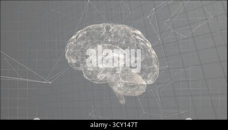 Floating translucent white wireframe brain model in grey 3D grid space, glowing network nodes Stock Photo