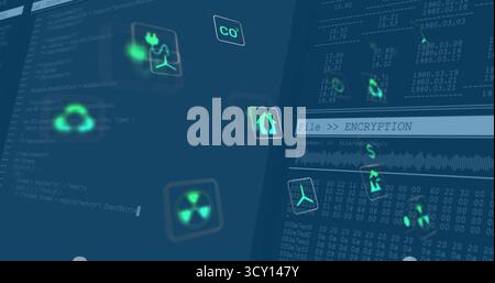 Floating green environmental icons hovering over code windows on interface, with encryption banner Stock Photo