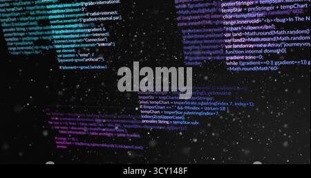 Showing dark abstract code scene floating in virtual space, with code fragments and particle specks Stock Photo