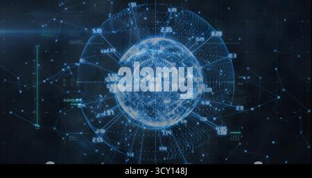 Rotating 3D wireframe globe displaying nodes, lines and numeric labels in dark grid Stock Photo