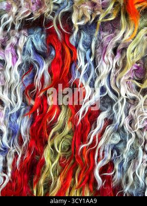 Vibrant close-up of multicolored wool fibers with curly texture arranged in a dynamic pattern creating a rich visual effect Stock Photo