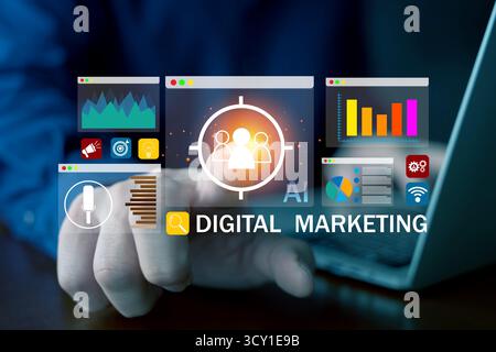 Artificial intelligence and digital marketing concept with colorful analytics charts, graphs, and icons displayed on virtual screens above a laptop, s Stock Photo