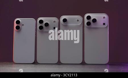 London, United Kingdom - June, 2025: Four smartphone models comparison with multiple cameras. Action Stock Photo