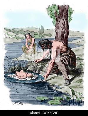 Antiquity. Gaul placing a baby on a shield floating on water. Celtic ...