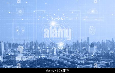 Digital lock icon with city skyline background showing cloud computing, encryption, and network protection. Concept of cybersecurity, smart city infra Stock Photo