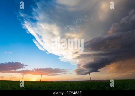Fading storm clouds glow with stunning colors from the setting sun over green fields, blending vibrant skies, peaceful landscape, natural contrast Stock Photo