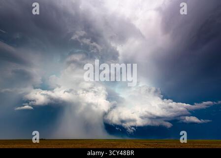 A microburst of hail falls from a huge storm cloud over fields, capturing extreme weather, dramatic skies, rural terrain, sudden force, and nature Stock Photo