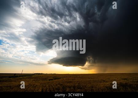 Rays of sunlight burst through dark storm clouds over fields, creating a dramatic sky full of contrast, texture, shadow, and moody atmosphere Stock Photo