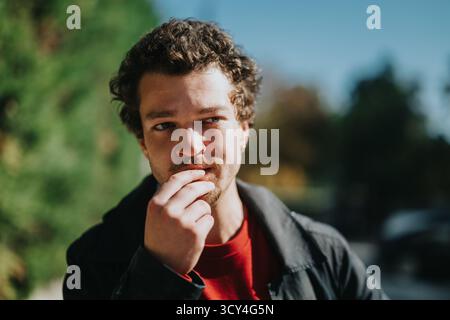 Young man expressing contemplation in an outdoor natural setting Stock Photo
