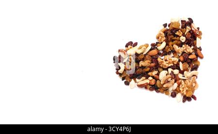 Mix Of Nuts And Dry Fruits Isolated On A White Background, Almonds, Walnuts, Hazelnuts And Raisins On A Pile, Healthy Food Stock Photo