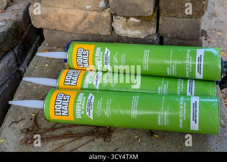 New Orleans, LA, USA - September 30, 2025: Closeup of three cartridges of Liquid Nails indoor and outdoor construction adhesive for use on subfloors and decks Stock Photo