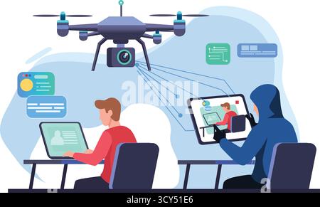 A cyber hacker remotely controlling a drone to spy and steal data from a computer user. Concept illustration showing cyber attack, data breach Stock Vector
