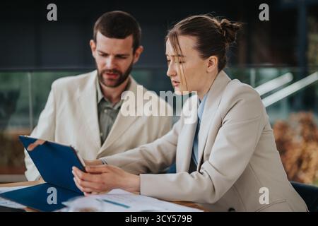 Two business professionals working together and reviewing documents during a meeting Stock Photo