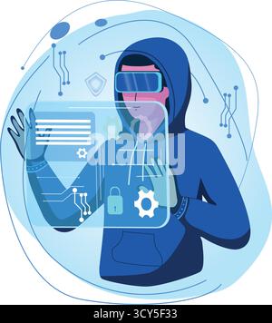 A futuristic illustration of a hacker wearing a hoodie and using a transparent virtual interface to access digital data Stock Vector