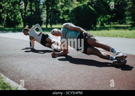 Athletic couple doing side plank exercises in an outdoor park setting together Stock Photo