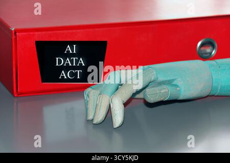 Robot hand with the sign "Ai Data Act" conceptual image for Artificial Intelligence Act. Stock Photo
