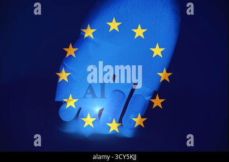 Robot hand showing the letters "Ai" . Artificial intelligence concept with the European flag.. Stock Photo