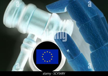 Robot hand with a hammer, Ai legislation concept in Europe. Stock Photo