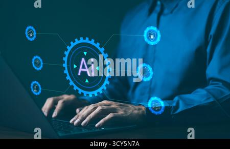 AI, Artificial Intelligence technology concept. Professional businessman working with an artificial intelligence (AI) conceptual interface, surrounded Stock Photo